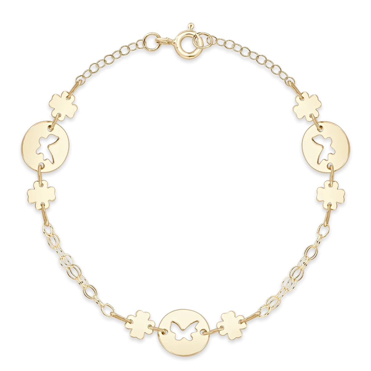 14K yellow gold bracelet with butterflies and clover charms