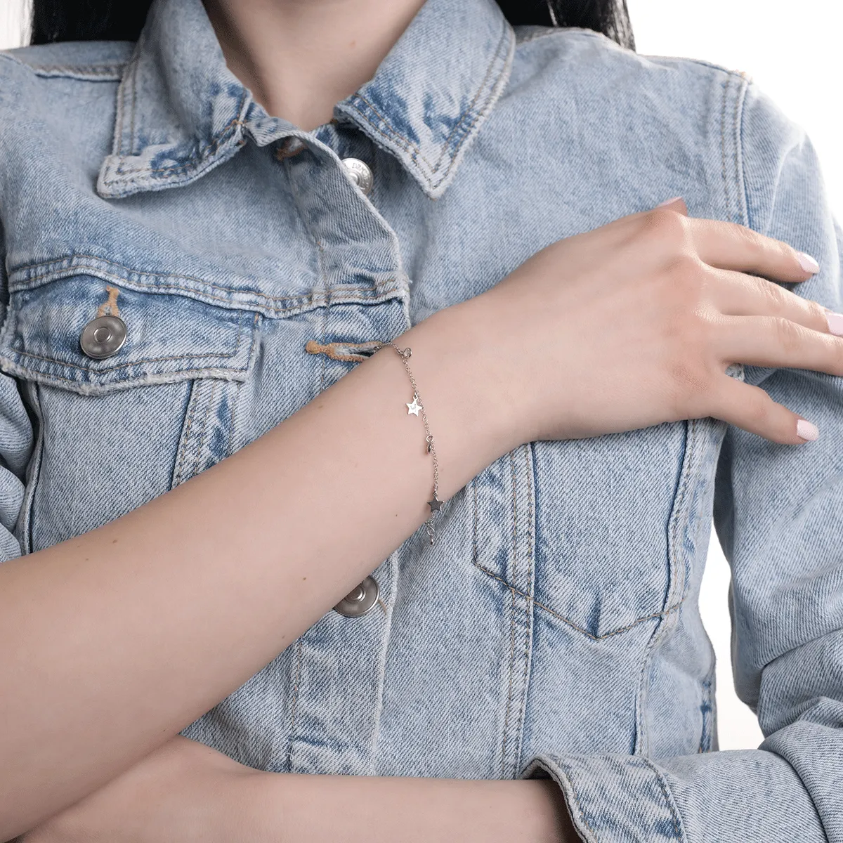 14К бяла златна гривна със звезди