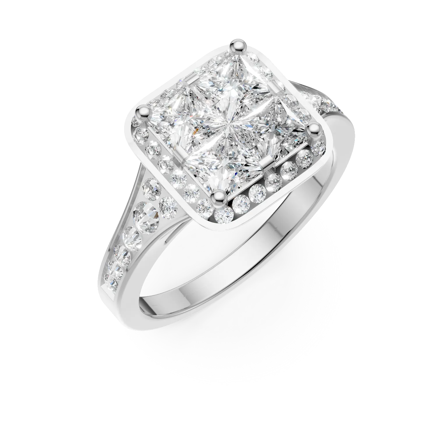 Inel de logodna din aur alb cu diamante princess de 0.5ct si diamante de 0.3ct