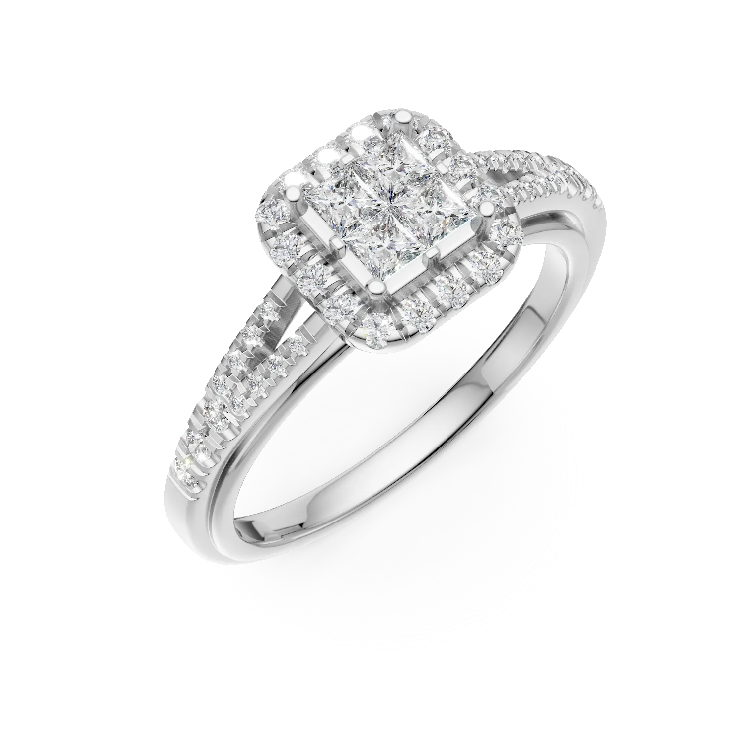 Inel de logodna din aur alb cu diamante princess si rotunde de 0.5ct