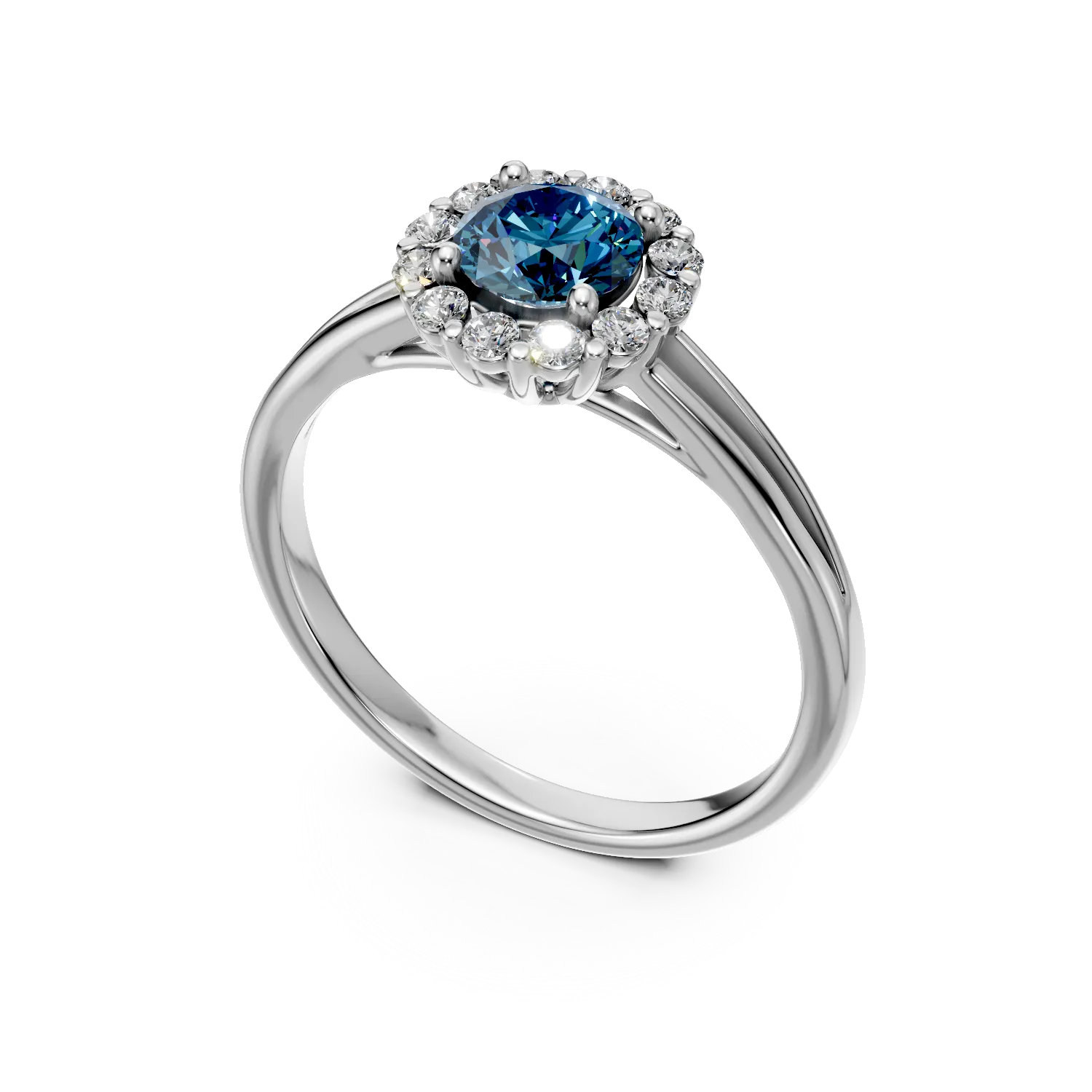 Inel de logodna din aur alb de 18K cu diamant albastru de 0.4ct si diamante de 0.18ct