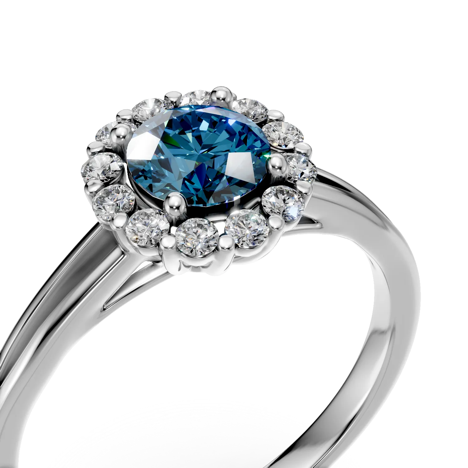 Inel de logodna din aur alb de 18K cu diamant albastru de 0.4ct si diamante de 0.18ct