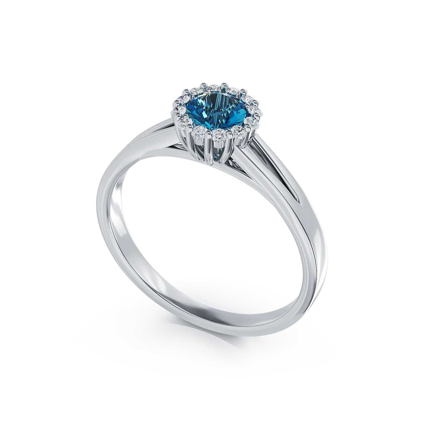Inel de logodna din aur alb de 18K cu diamant albastru de 0.22ct si diamante de 0.1ct