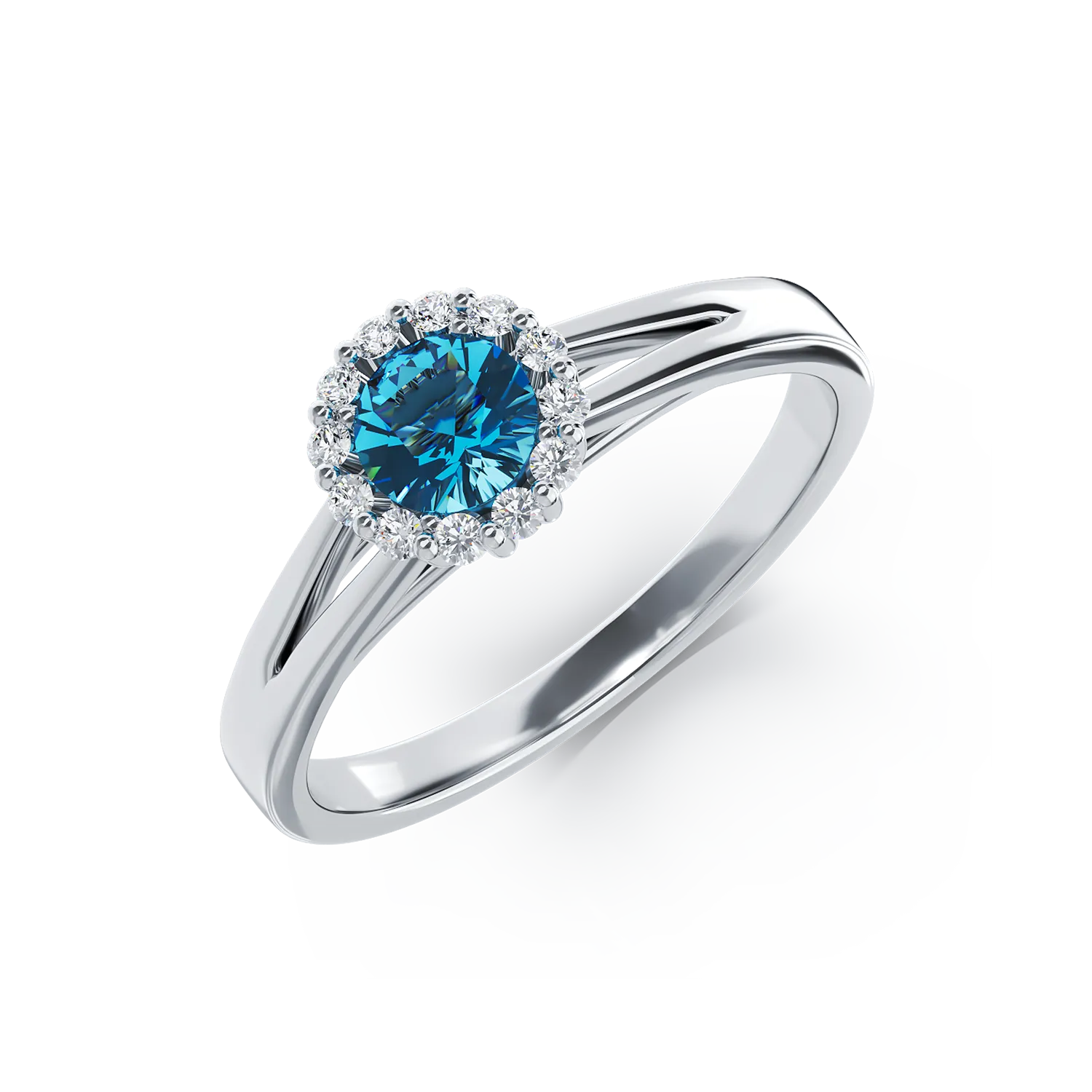 Pierścionek zaręczynowy z białego złota 18K z niebieskim diamentem 0.33ct i diamenty 0.1ct