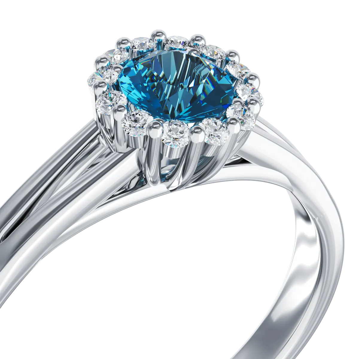 Inel de logodna din aur alb de 18K cu diamant albastru de 0.33ct si diamante de 0.1ct