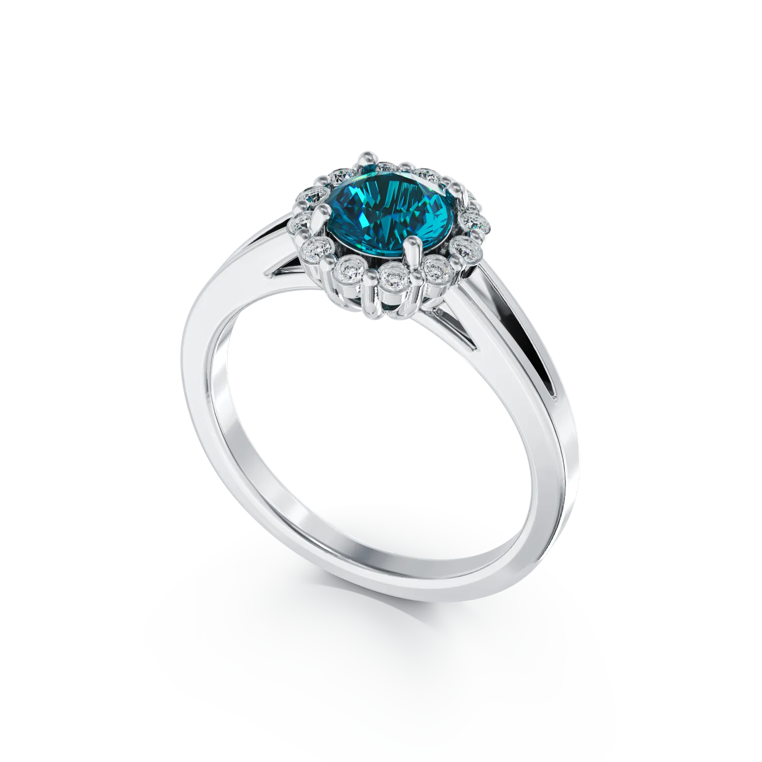 Inel de logodna din aur alb de 18K cu diamant albastru de 0.55ct si diamante de 0.18ct