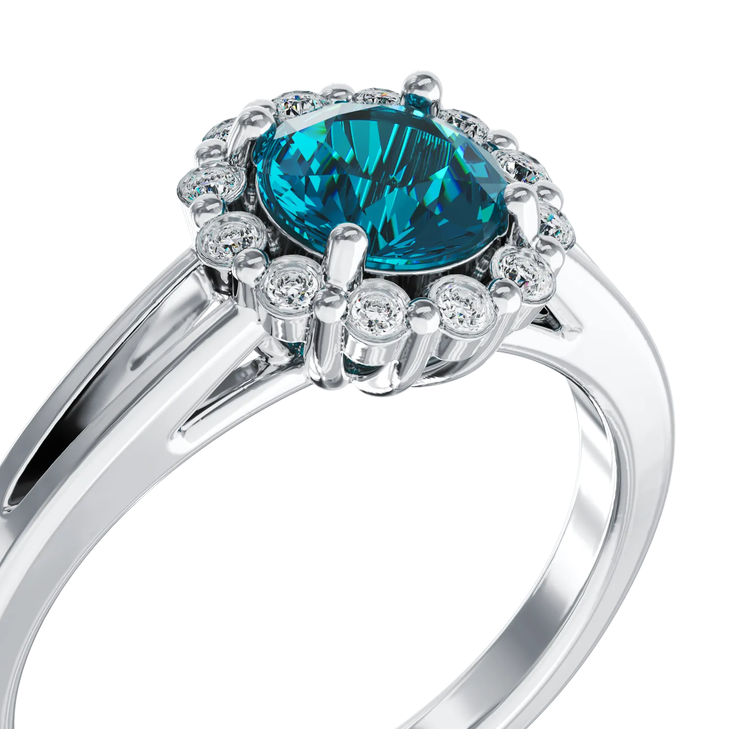 18K бял златен годежен пръстен със син диамант от 0.55ct и диаманти от 0.18ct