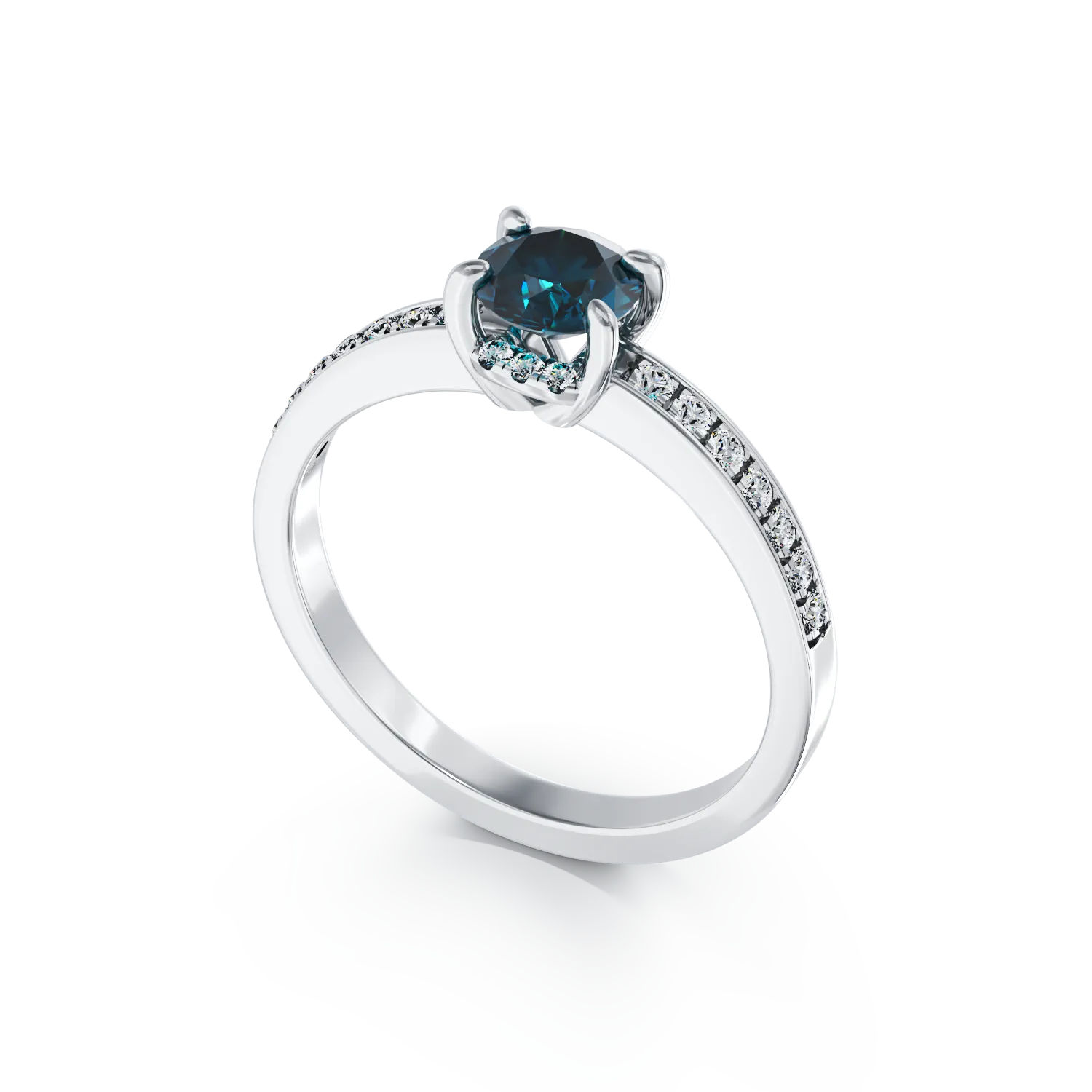 18K бял златен годежен пръстен със син диамант от 0.55ct и диаманти от 0.27ct