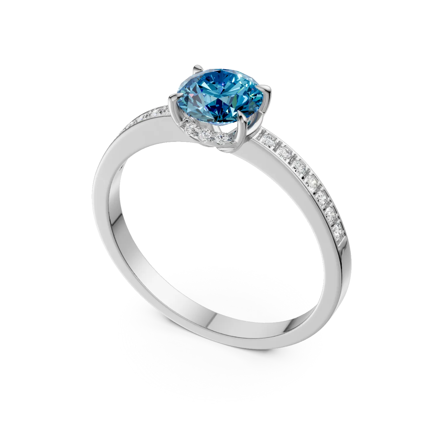 Inel de logodna din aur alb de 18K cu diamant albastru de 0.55ct si diamante de 0.24ct