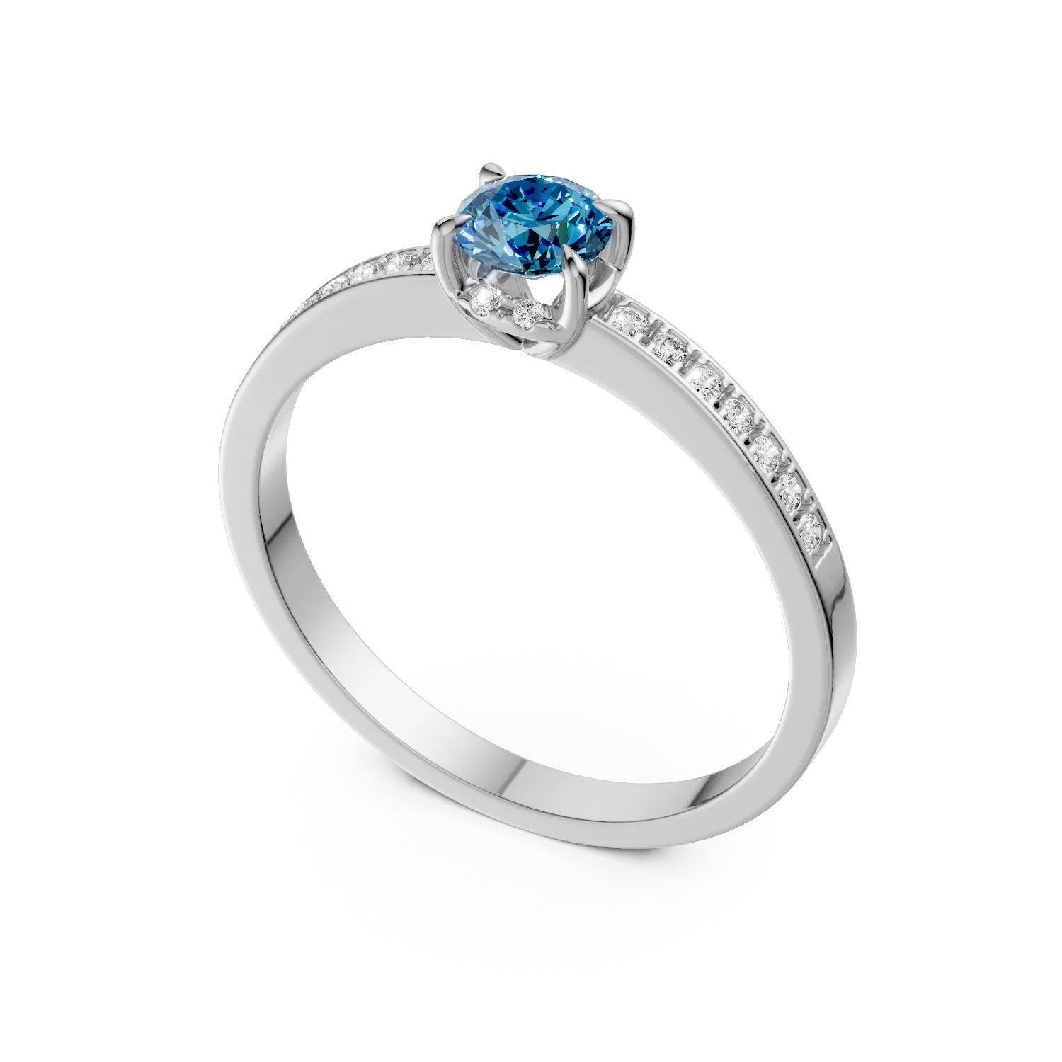 Inel de logodna din aur alb de 18K cu diamant albastru de 0.22ct si diamante de 0.13ct