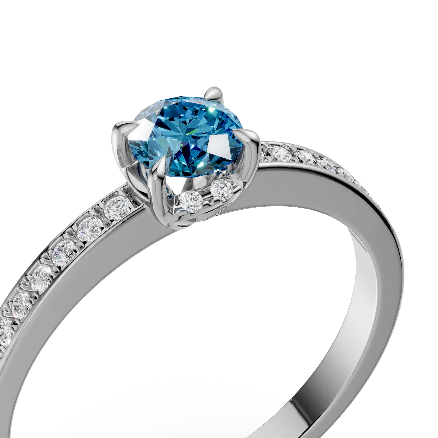 Inel de logodna din aur alb de 18K cu diamant albastru de 0.22ct si diamante de 0.13ct