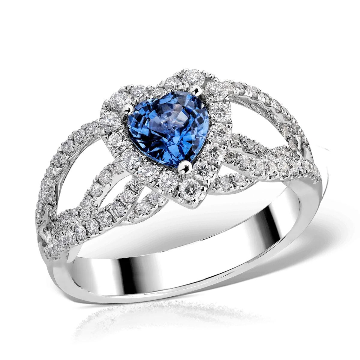 Inel de logodna din aur alb de 18K cu fancy sapphire de 1.38ct si diamant de 0.69ct
