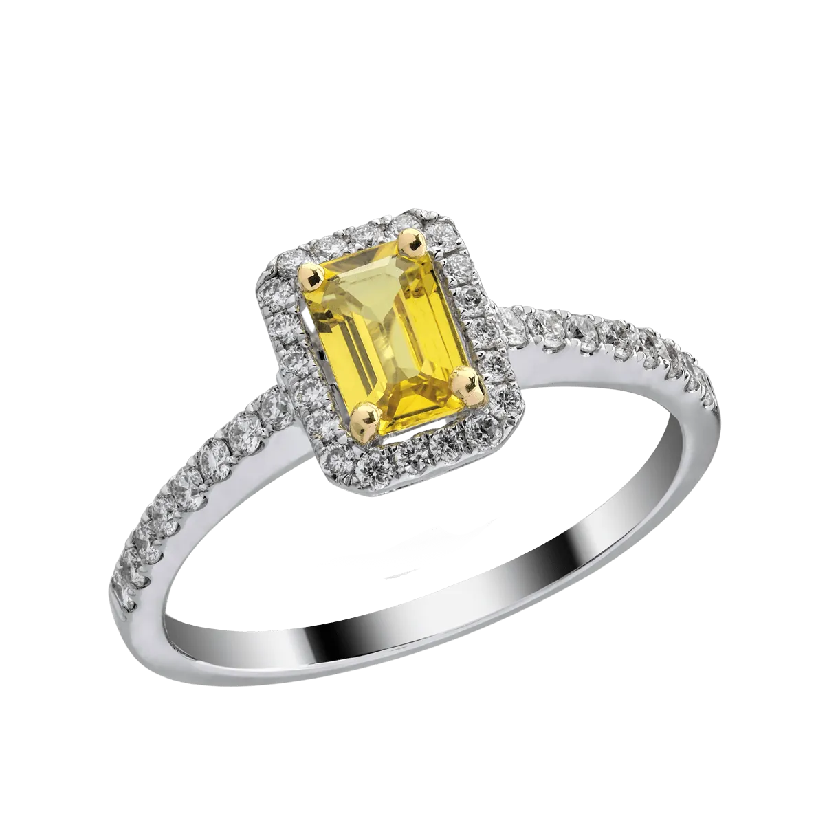 Eljegyzési gyűrű 18K-os fehér aranyból 0,63ct sárga zafírral és 0,29ct gyémánttal