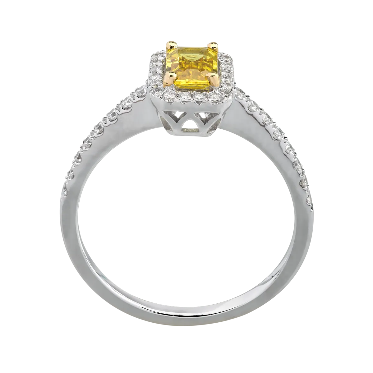 Eljegyzési gyűrű 18K-os fehér aranyból 0,63ct sárga zafírral és 0,29ct gyémánttal