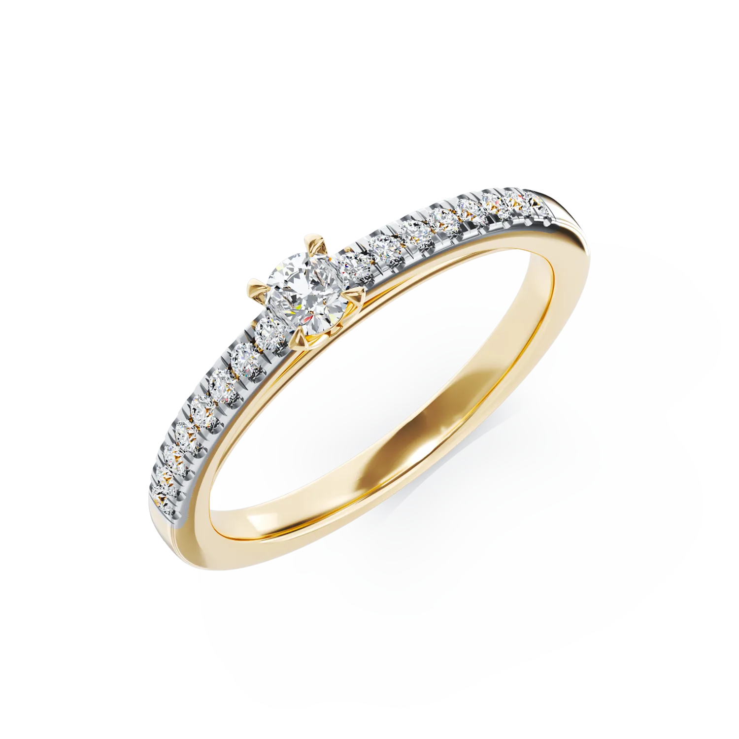 Eljegyzési gyűrű 18K-os sárga aranyból 0,11ct gyémánttal és 0,145ct gyémántokkal. Gramm: 2.05