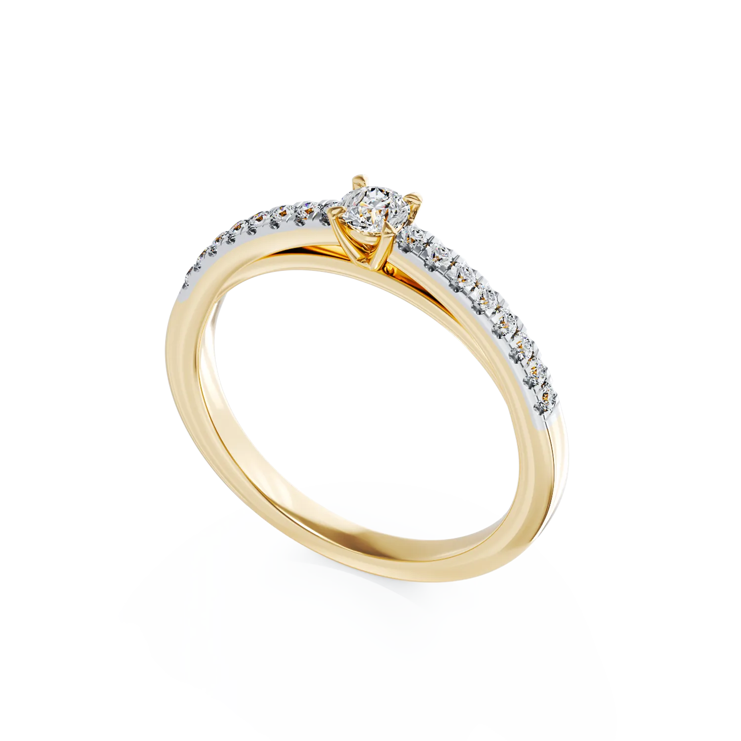 Eljegyzési gyűrű 18K-os sárga aranyból 0,11ct gyémánttal és 0,145ct gyémántokkal. Gramm: 2.05