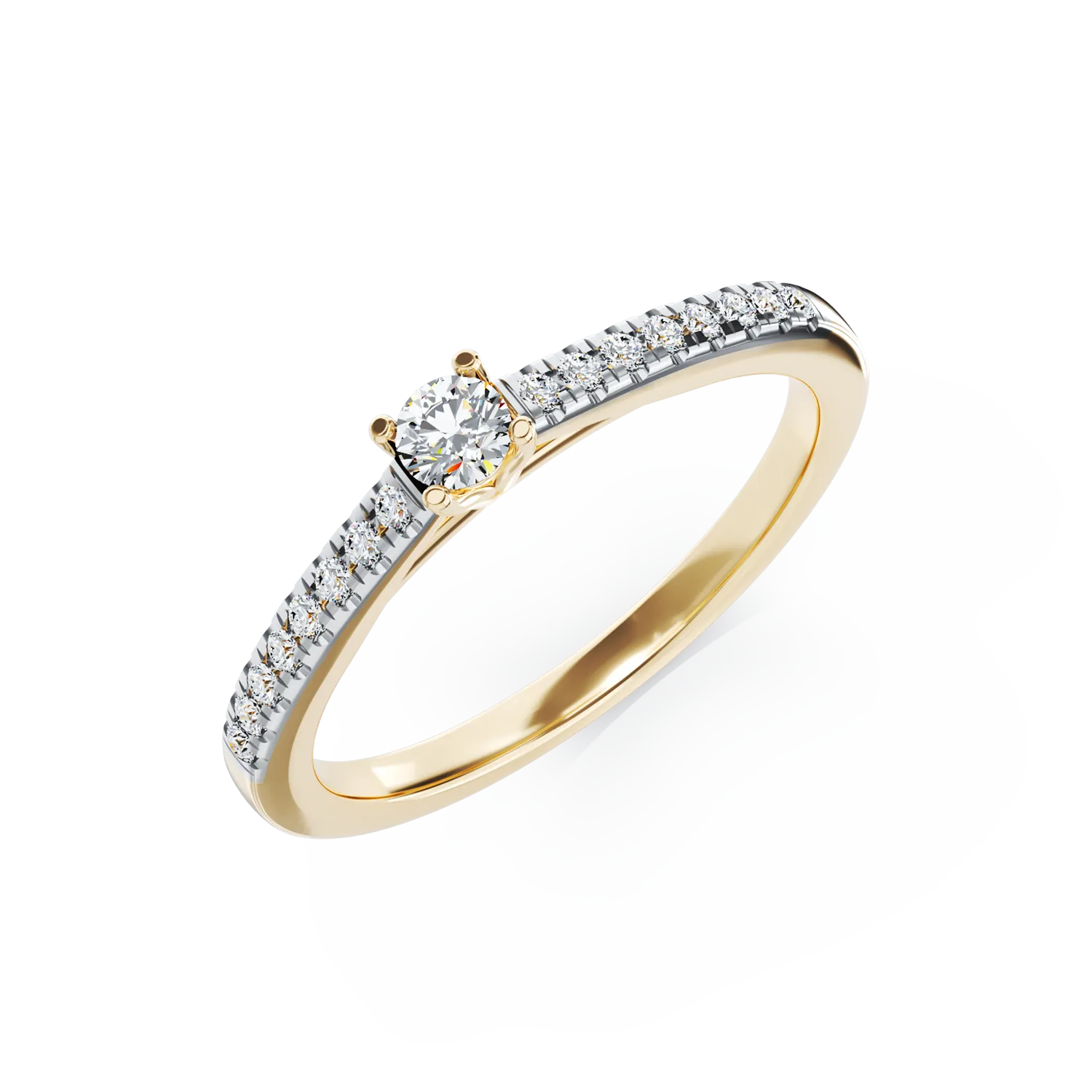 Eljegyzési gyűrű 18K-os sárga aranyból 0,26ct gyémánttal és 0,13ct gyémánttal. Gramm: 2,8