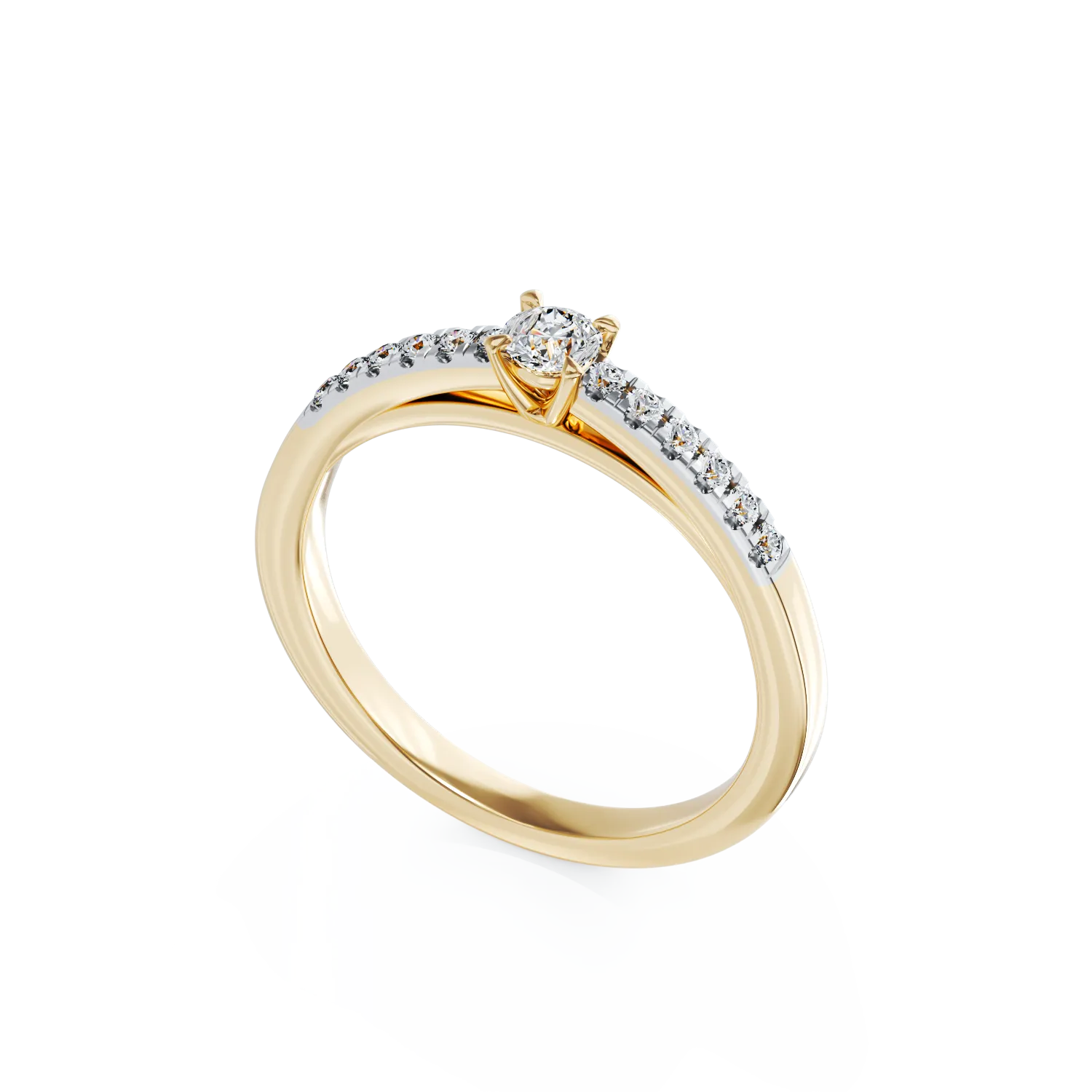 Eljegyzési gyűrű 18K-os sárga aranyból 0,26ct gyémánttal és 0,13ct gyémánttal. Gramm: 2,8