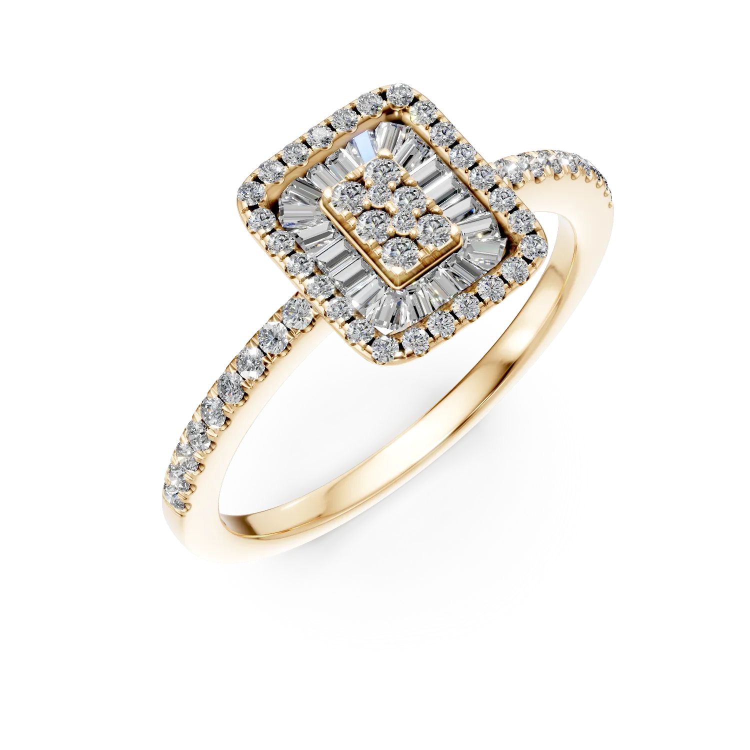 Inel de logodna din aur galben cu diamante baguette si rotunde de 0.2ct