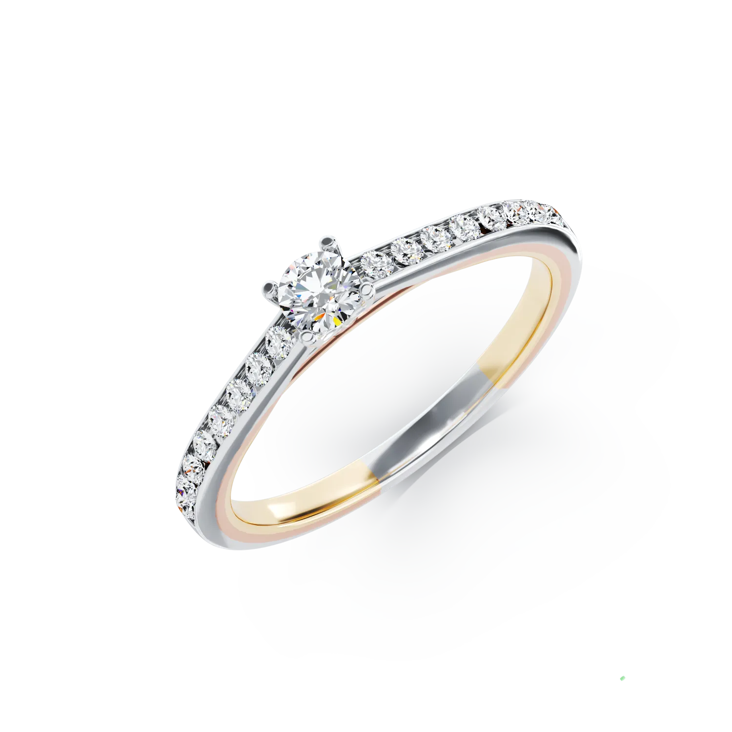 Inel de logodna din aur alb-galben de 18K cu diamant de 0.15ct si diamante de 0.16ct