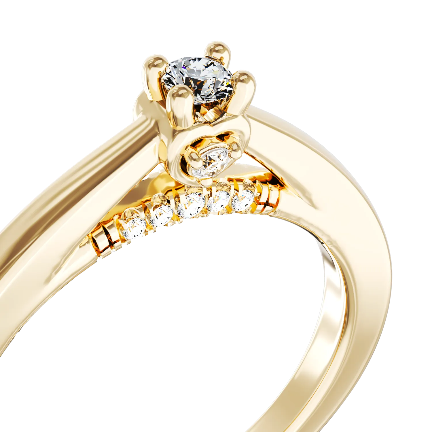 Eljegyzési gyűrű 18K-os sárga aranyból 0,12ct gyémánttal és 0,05ct gyémántokkal. Gramm: 2,58