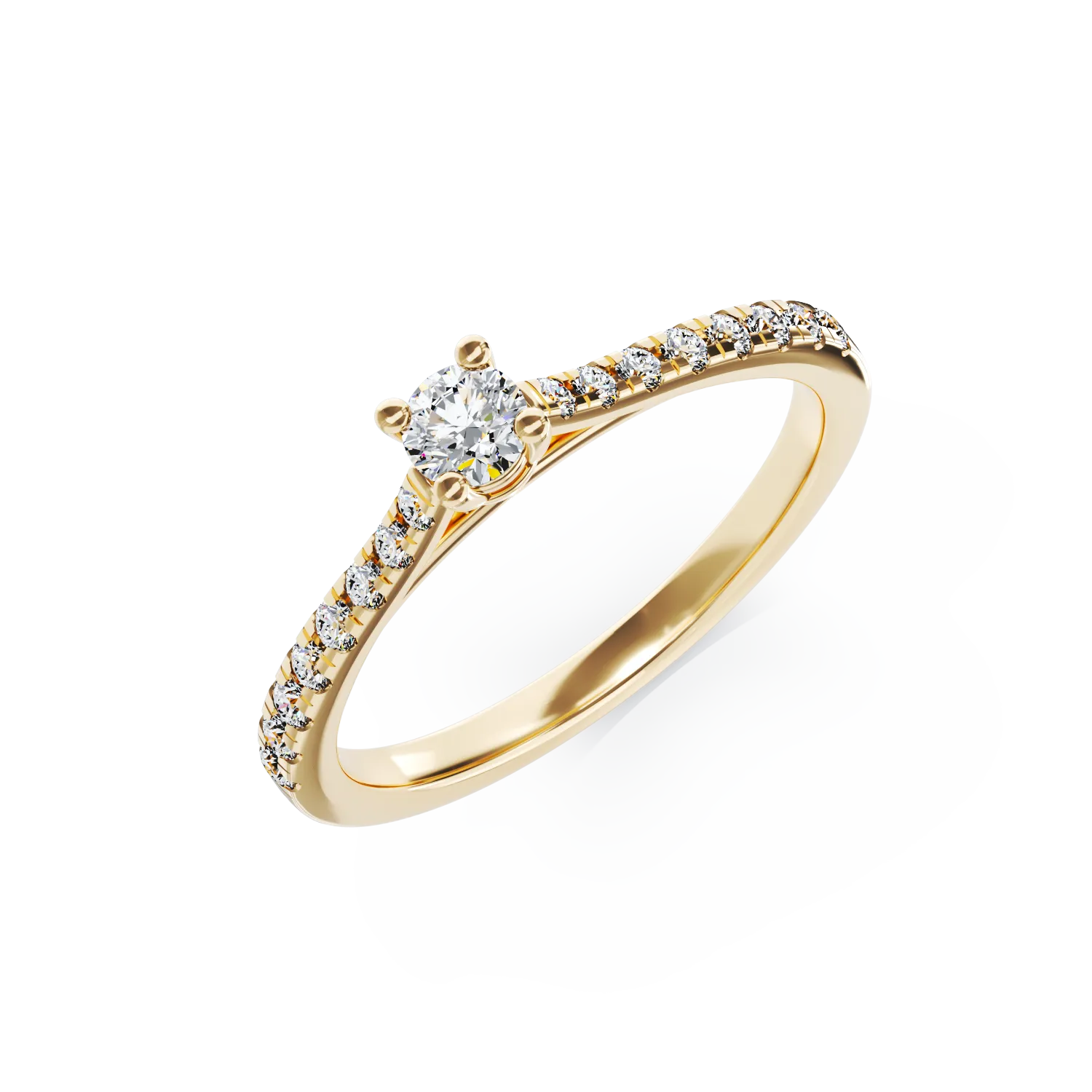 Eljegyzési gyűrű 18K-os sárga aranyból 0,16ct gyémánttal és 0,17ct gyémántokkal. Gramm: 2,27