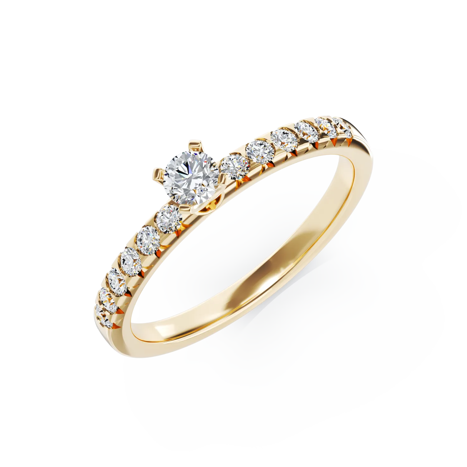 Eljegyzési gyűrű 18K-os sárga aranyból 0,15ct gyémánttal és 0,28ct gyémántokkal. Gramm: 2,53