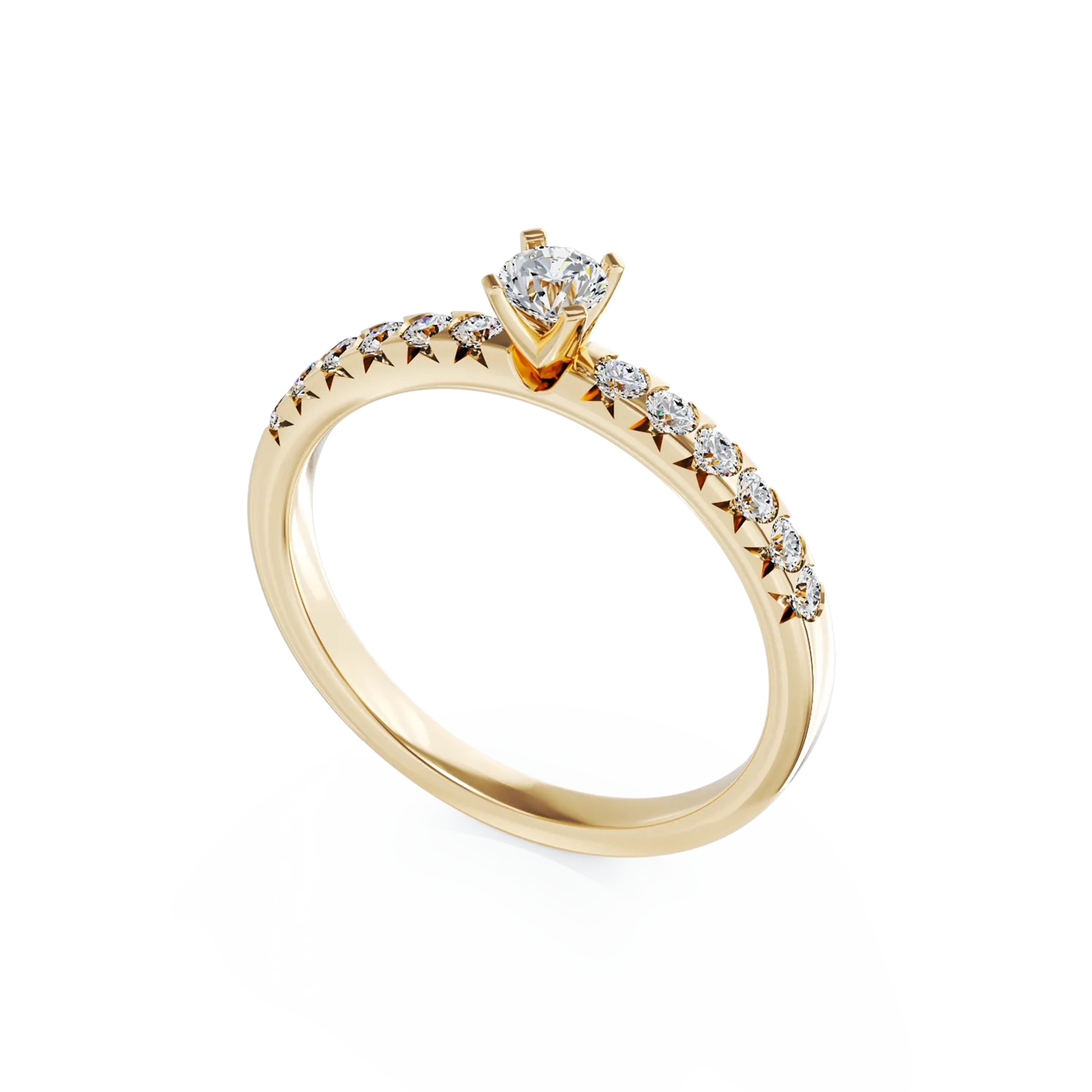 Eljegyzési gyűrű 18K-os sárga aranyból 0,15ct gyémánttal és 0,28ct gyémántokkal. Gramm: 2,6