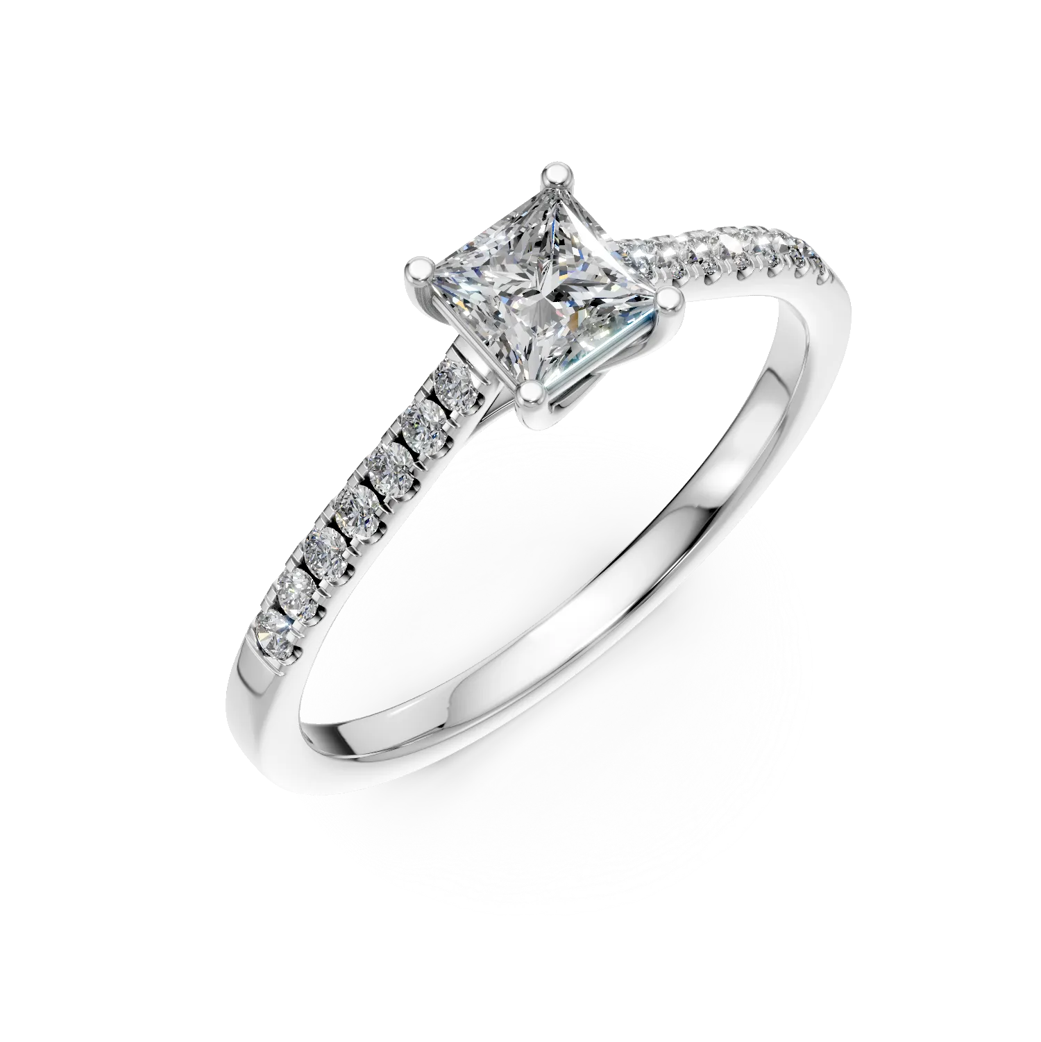 Inel de logodna din aur alb cu diamant princess de 0.4ct si diamante de 0.1ct