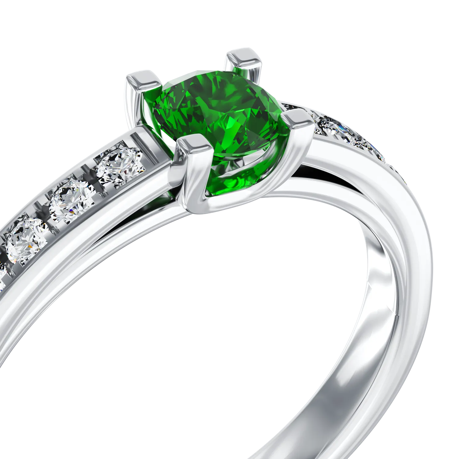 18K fehérarany eljegyzési gyűrű 0.25ct smaragddal és 0.15ct gyémántokkal