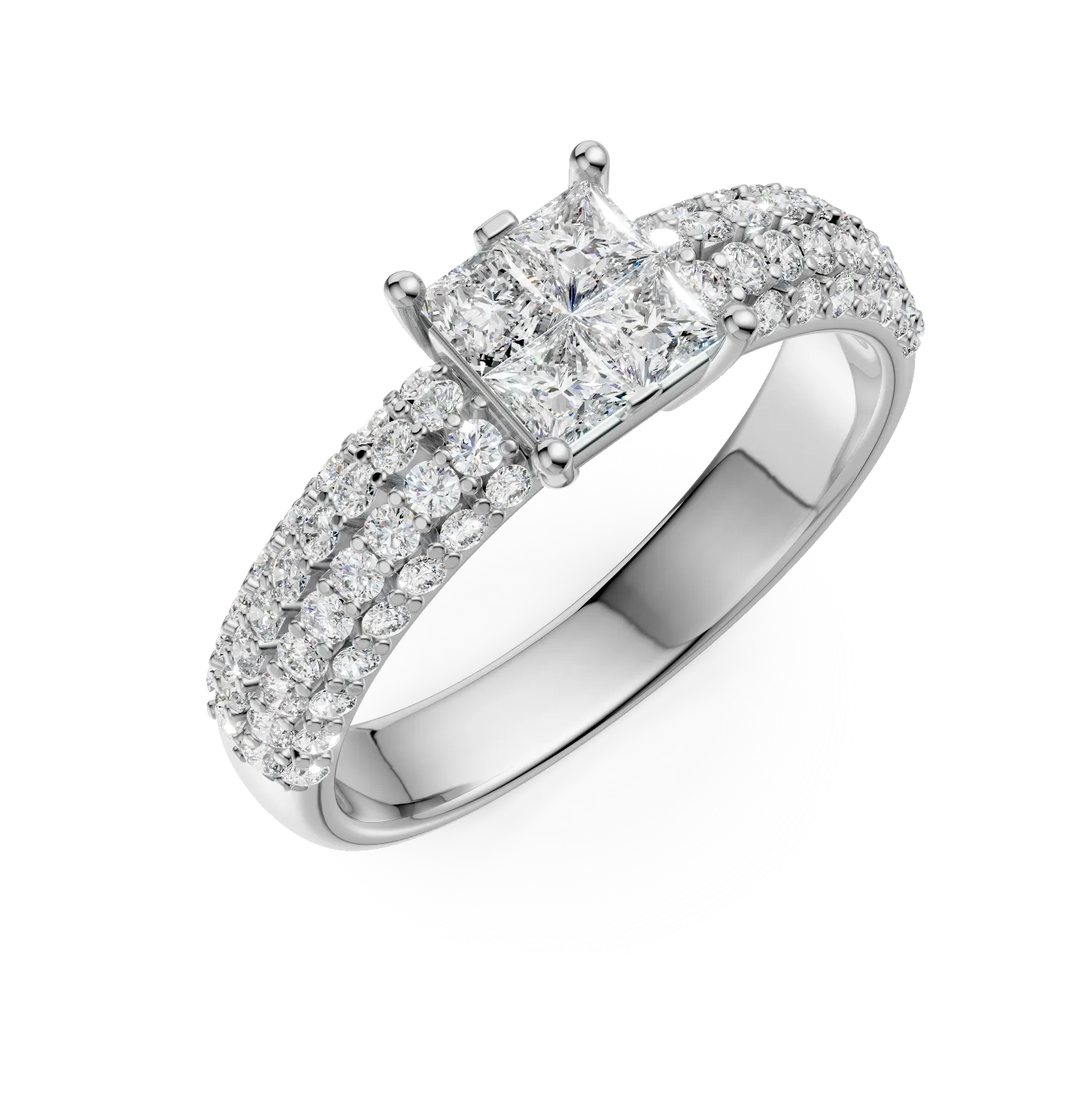 Inel de logodna din aur alb cu diamante princess si rotunde de 0.9ct
