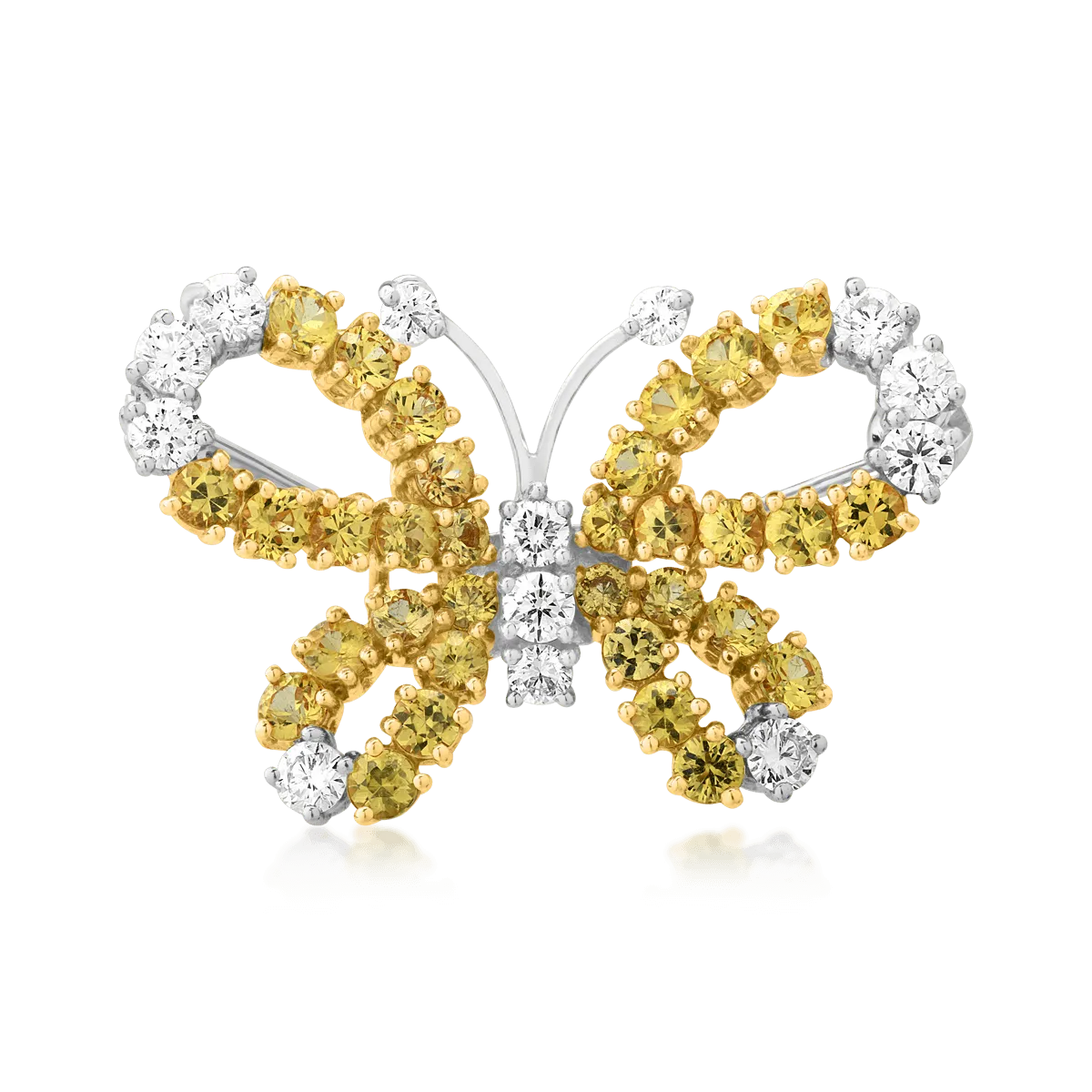 Brosa fluture din aur alb-galben de 18K cu safire galbene de 1.92ct si diamante de 0.68ct