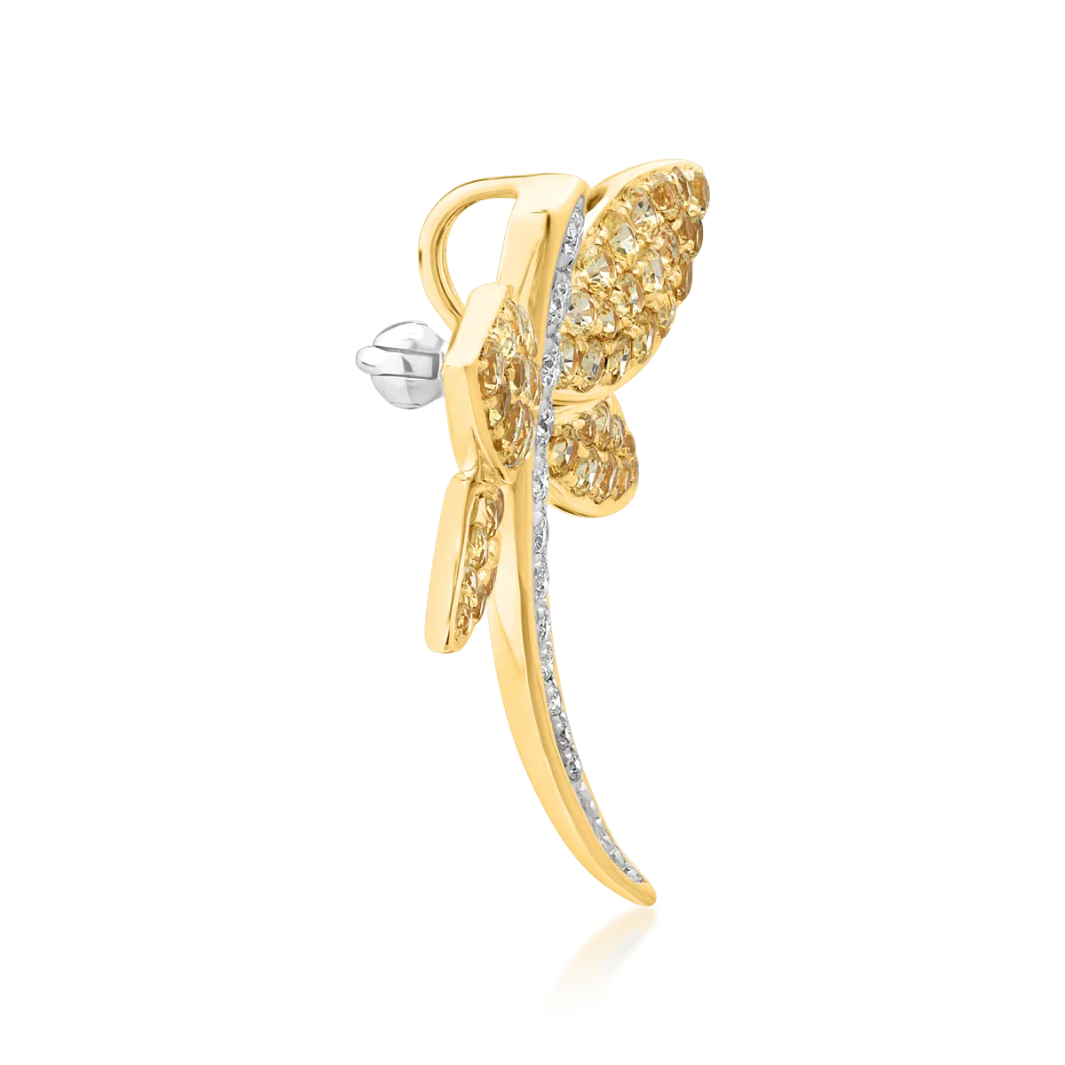 Brosa libelula din aur alb-galben cu safire galbene de 1.72ct si diamante de 0.2ct