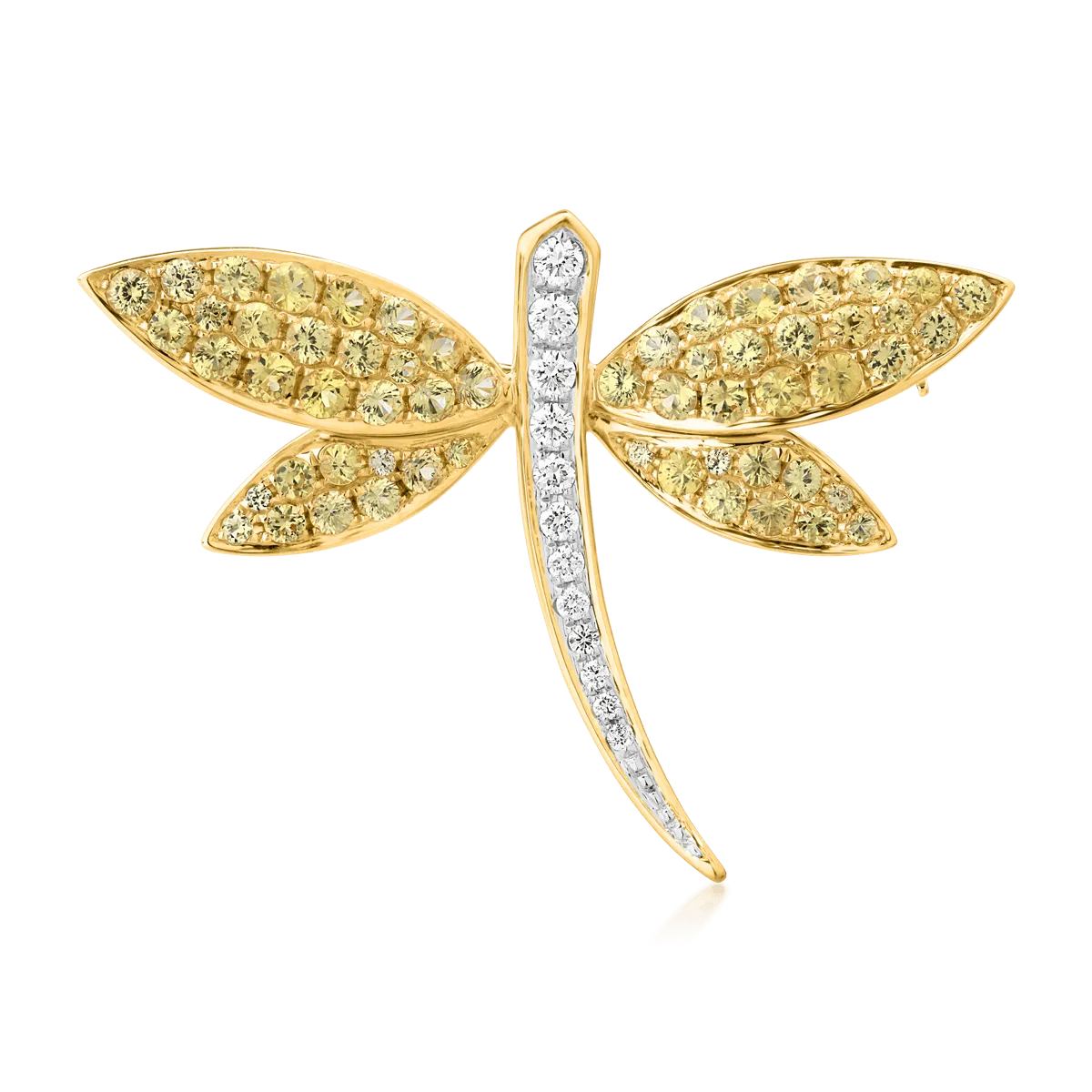 Brosa libelula din aur alb-galben de 18K cu safire galbene de 1.72ct si diamante de 0.2ct