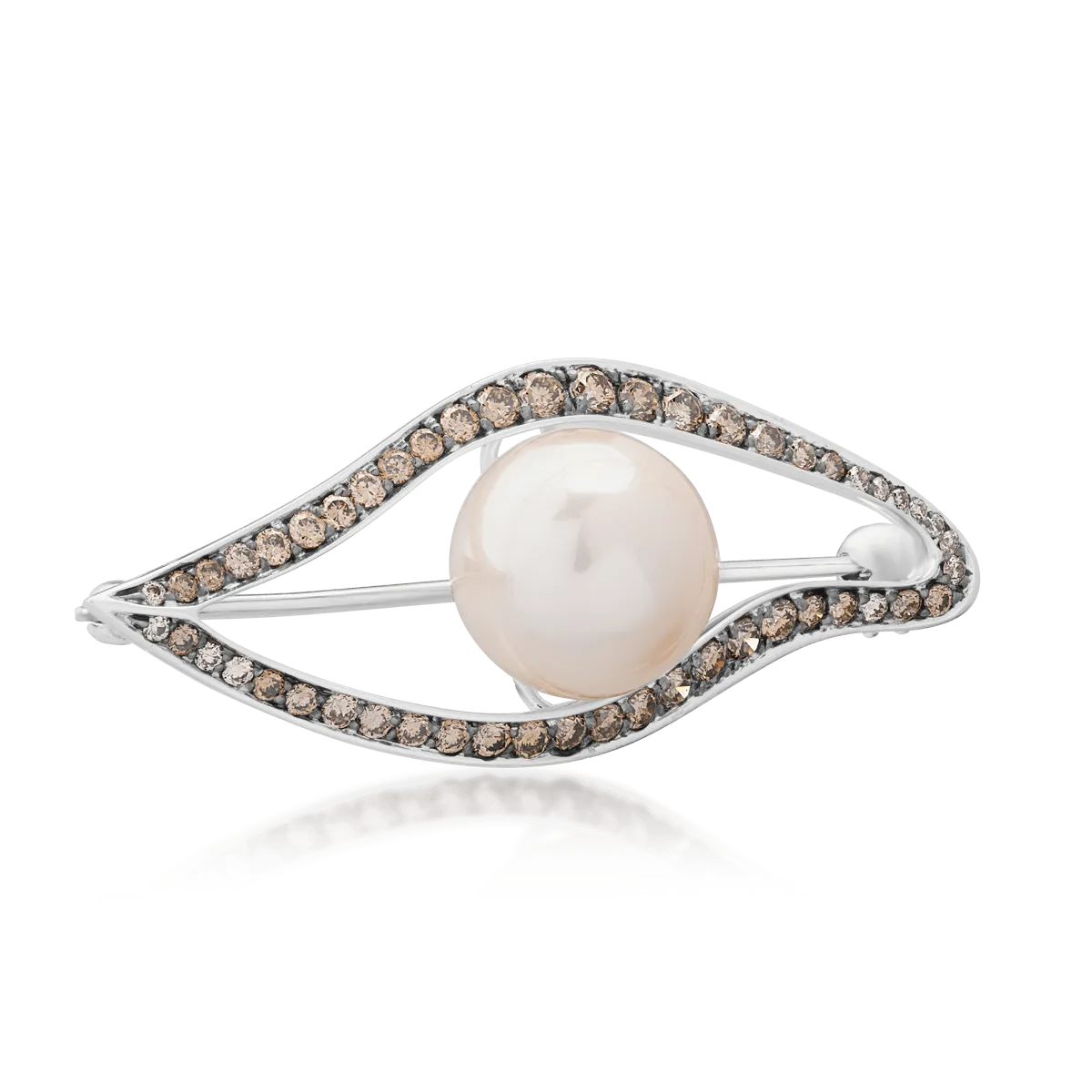 18K white gold brooch with 1ct freshwater cultured pearl and 0.77ct brown diamonds