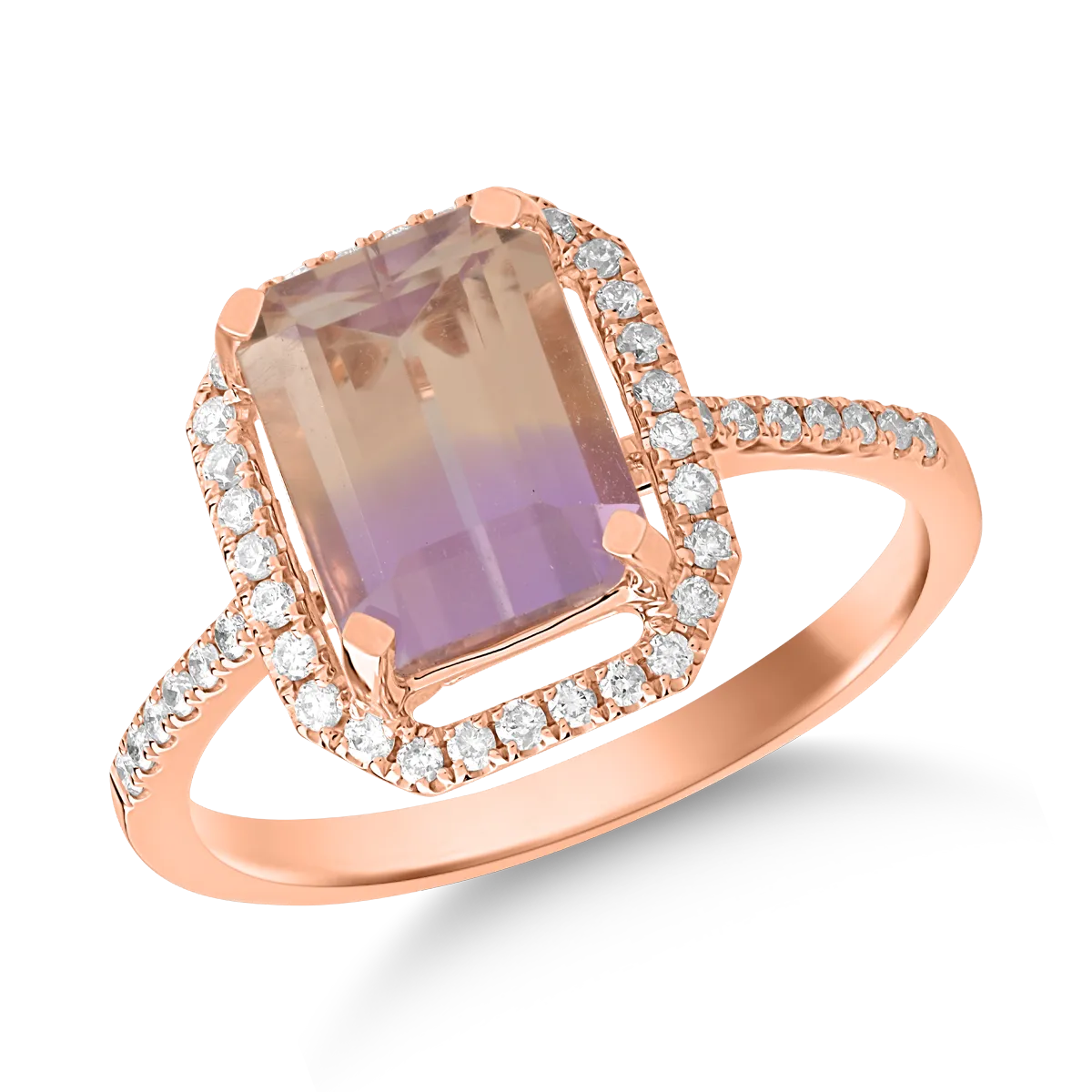 Inel din aur roz cu ametrin octogonal de 2.3ct si diamante de 0.2ct