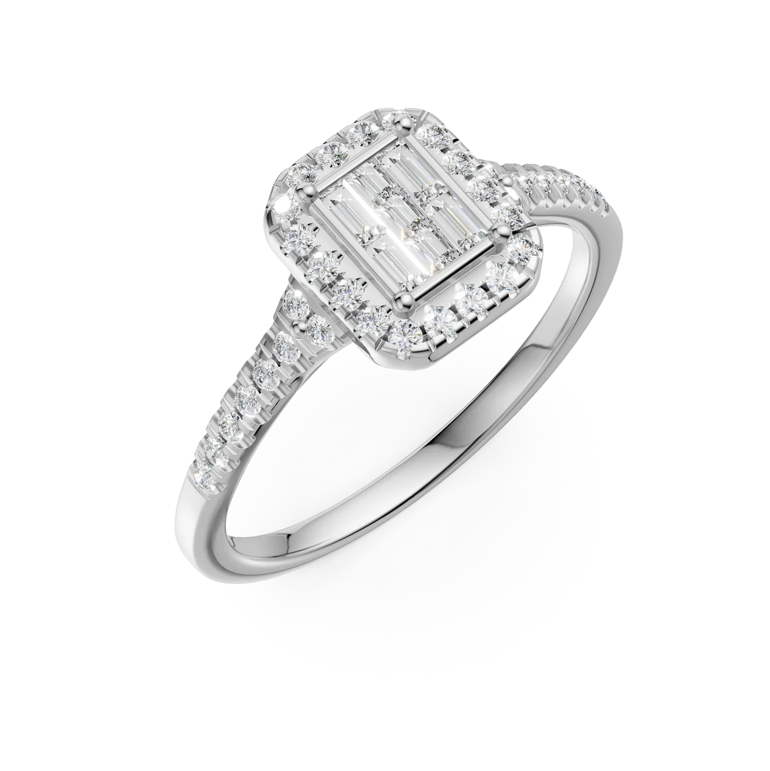 Inel de logodna din aur alb cu diamante baguette, princess si rotunde de 0.3ct