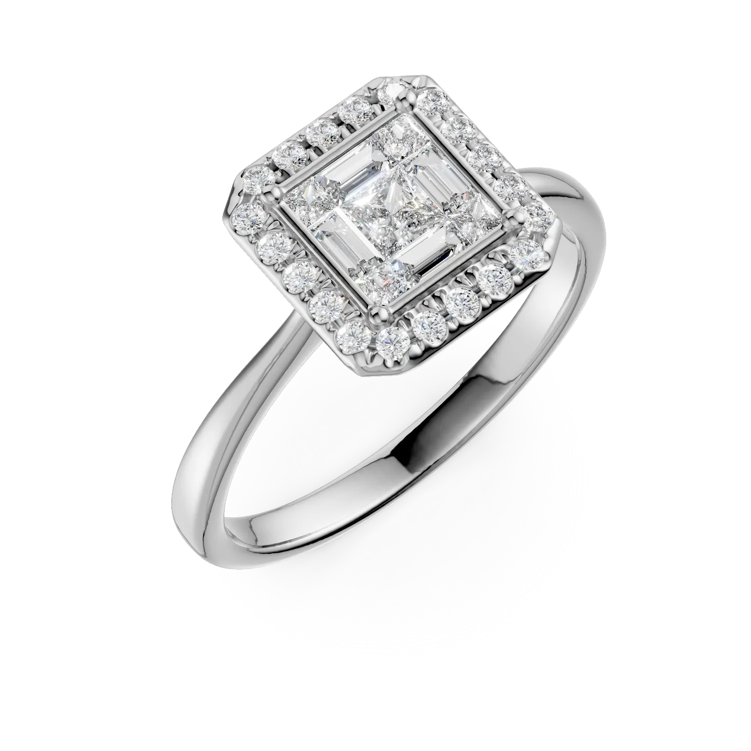 Teilor Inel de logodna din aur alb cu diamante princess, baguette si rotunde de 0.4ct