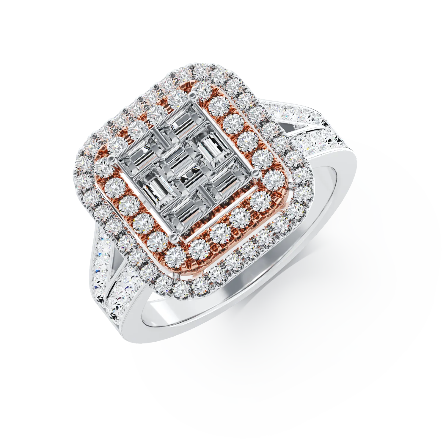Inel de logodna din aur alb-roz cu diamante baguette si rotunde de 0.8ct