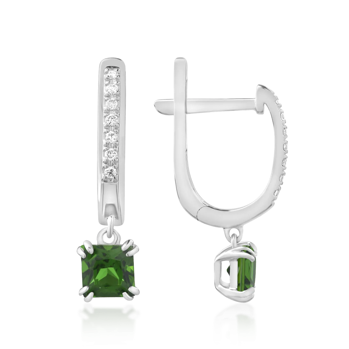 Cercei din aur alb cu cromdiopsid princess de 0.76ct si diamante de 0.05ct