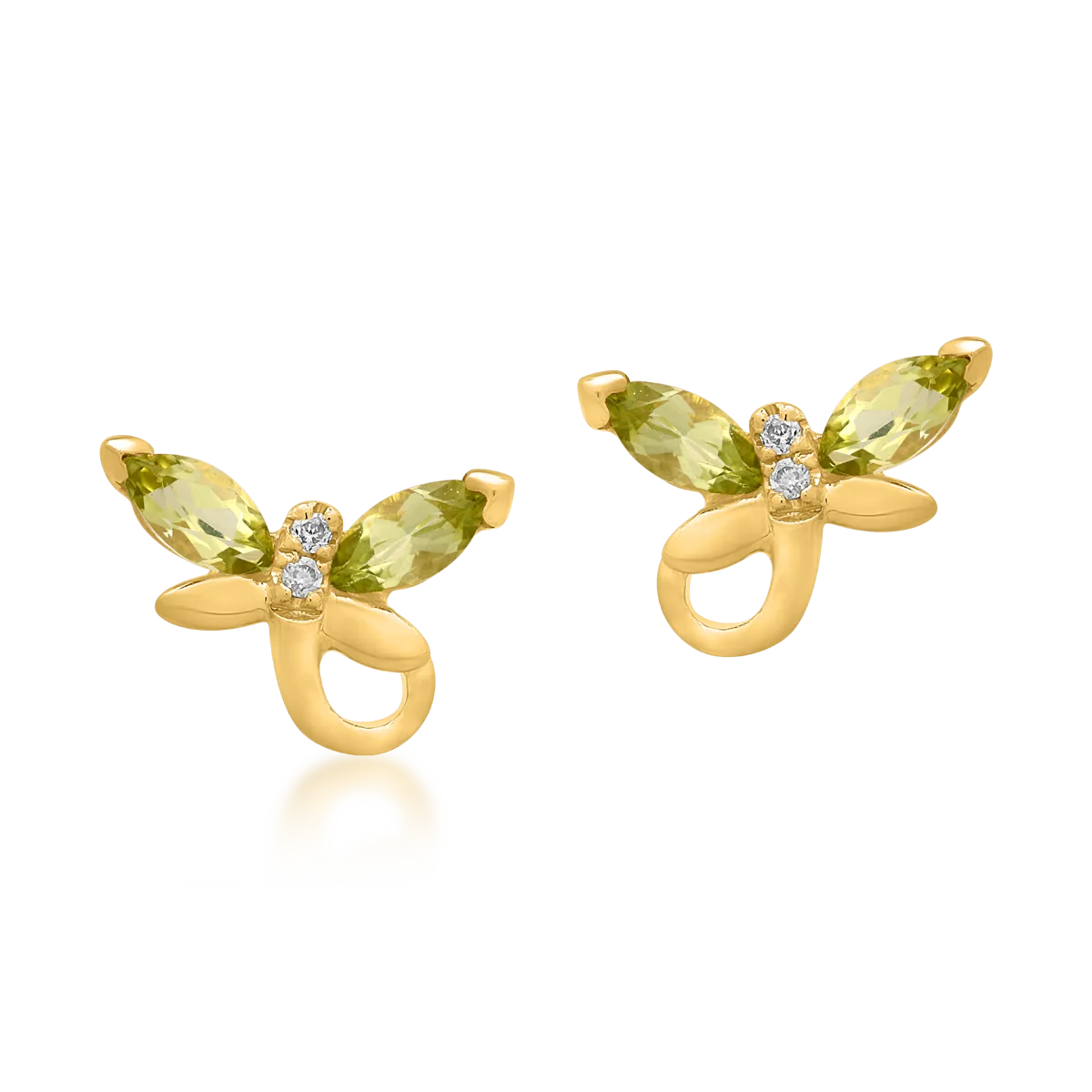 Детски обеци пеперуда от 14 карата жълто злато с перидот