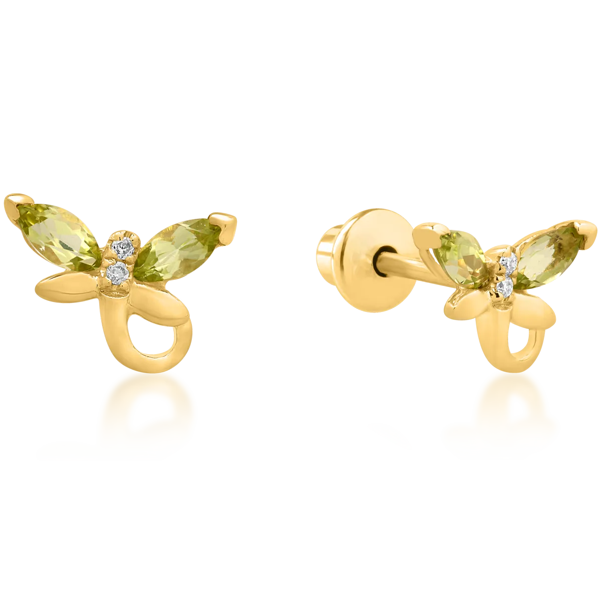 Cercei pentru copii fluturasi din aur galben de 14K cu peridot de 0.35ct si diamante de 0.010ct