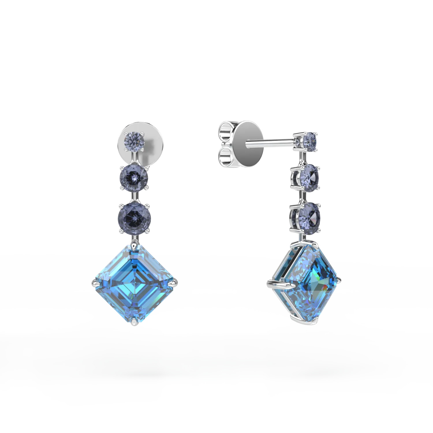 Cercei din aur alb cu topaze albastre octogonale de 14ct si iolite de 1.9ct