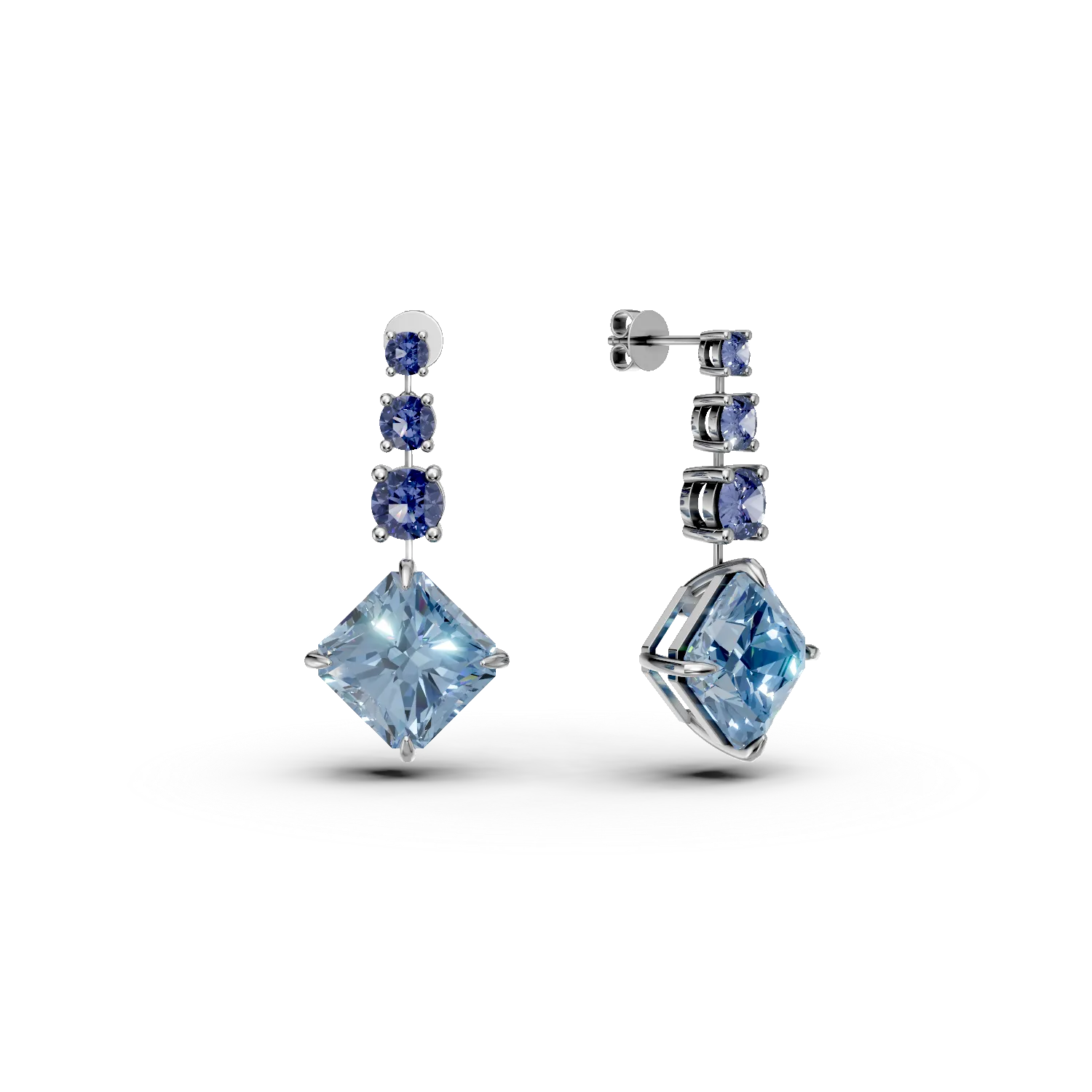 Cercei din aur alb cu topaze albastre octogonale de 14ct si iolite de 1.9ct