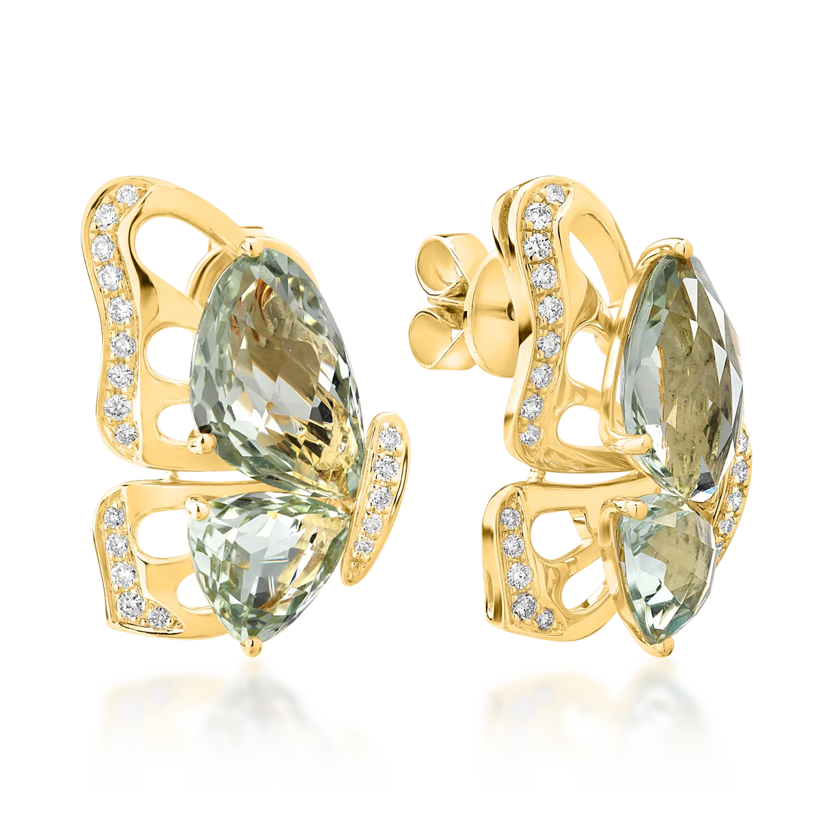 18K yellow gold butterfly earrings with green amethysts of 7.7ct and diamonds of 0.28ct