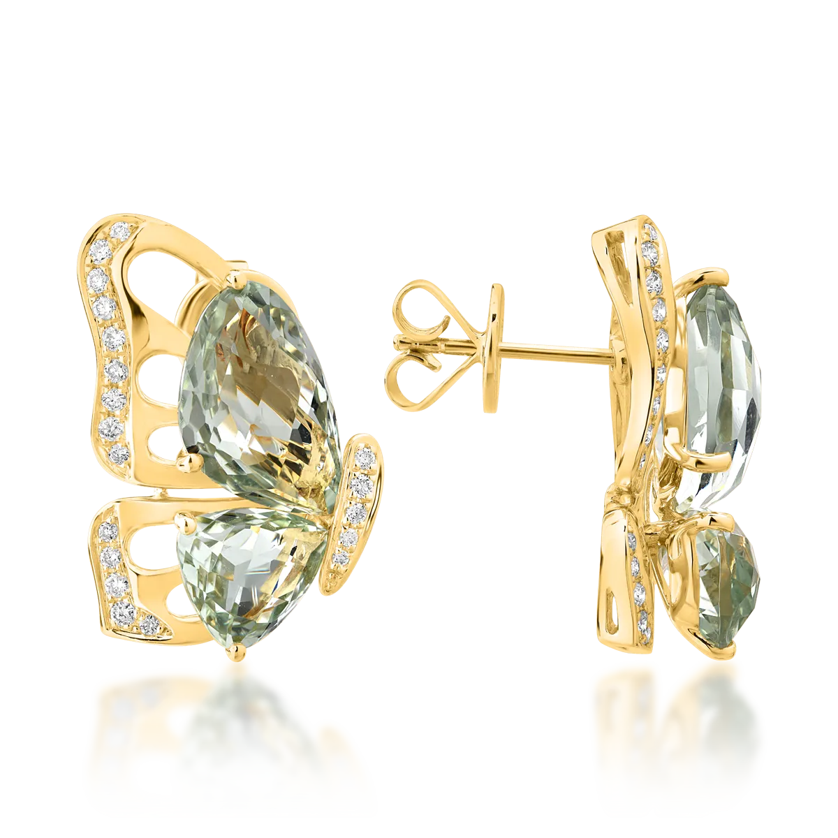 Cercei fluture din aur galben de 18K cu ametiste verzi de 7.7ct si diamante de 0.28ct