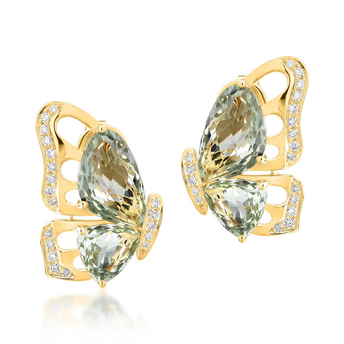 Cercei fluture din aur galben cu ametiste verzi de 7.7ct si diamante de 0.28ct