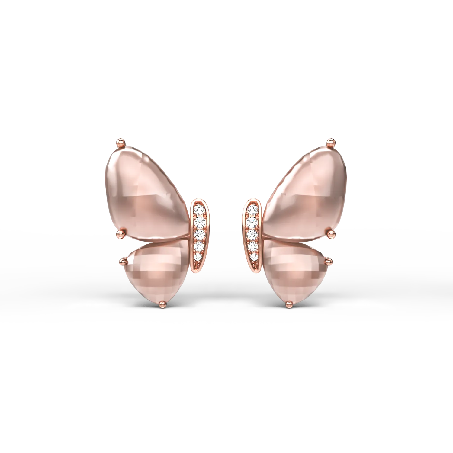 18k rózsaszín pillangó fülbevaló kvarcos rózsa 8.2ct és gyémánt 0.06ct