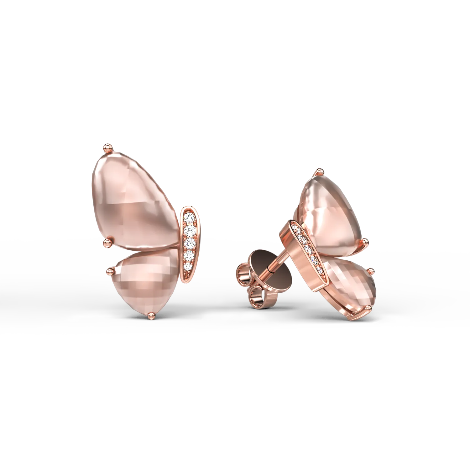 Kolczyki motyle z 18-karatowego różowego złota z kwarcem różowym o masie 8,2 ct i diamentami o masie 0,06 ct