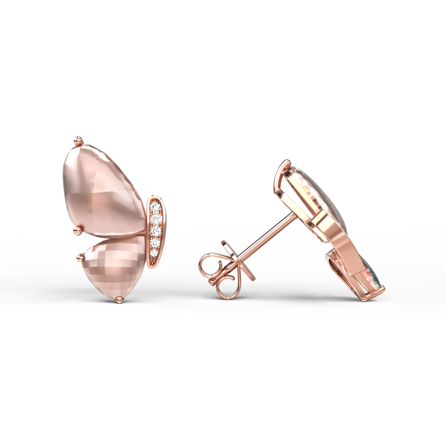 18K rose gold butterfly earrings with rose quartz of 8.2ct and diamonds of 0.06ct